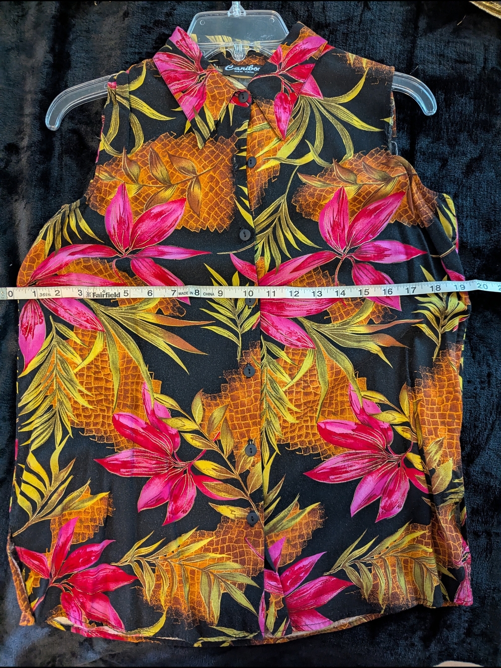Sleeveless Tropical Button-Down Shirt - Black with Pink & Yellow